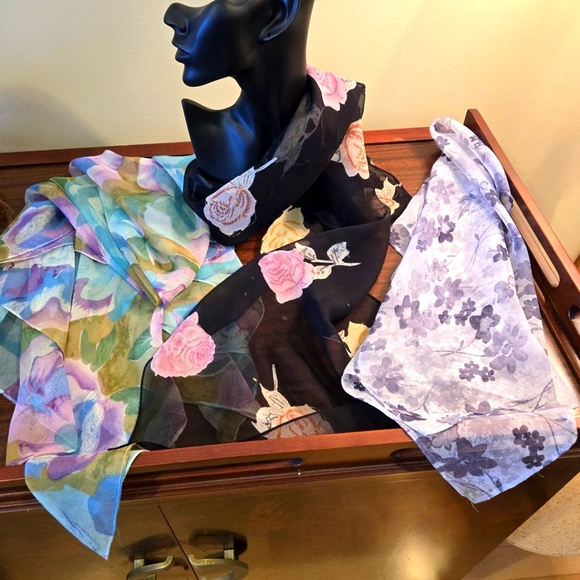 Three Sheer Woman's Scarfs, 2 Square, 1 Rectangle, Pastel & Neutral Colors - Picture 2 of 16